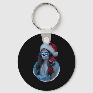 Weihnachten Zucker-Schädel-Kunst Frau Santa-Hut Fe Schlüsselanhänger