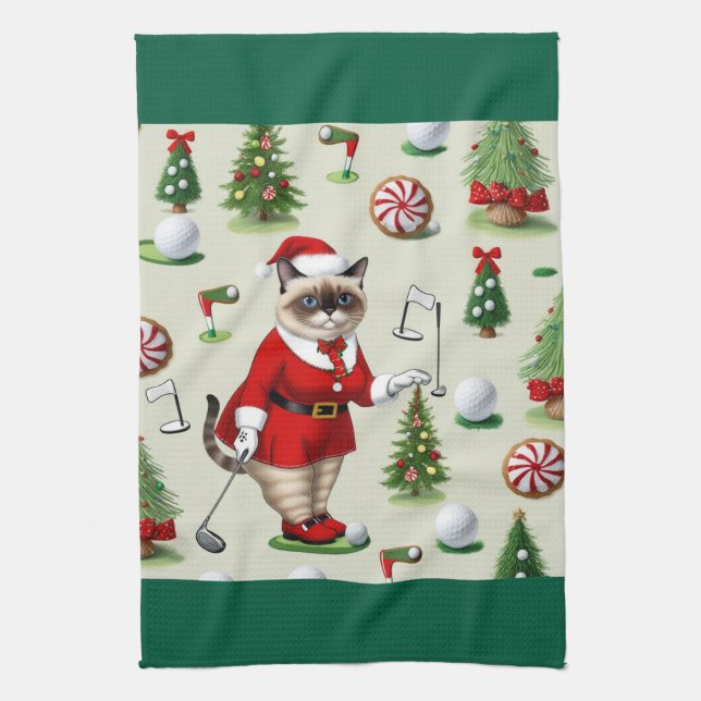 Weihnachten zum Thema Golf für Cat Lover Golfer Geschirrtuch (Vertikal)