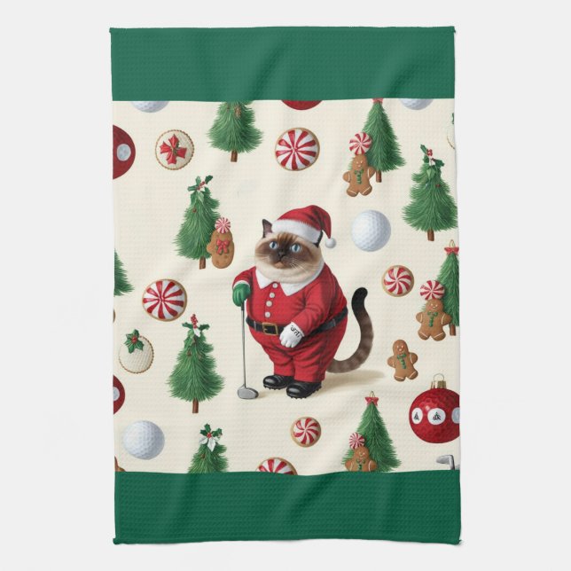 Weihnachten zum Thema Golf für Cat Lover Golfer Geschirrtuch (Vertikal)