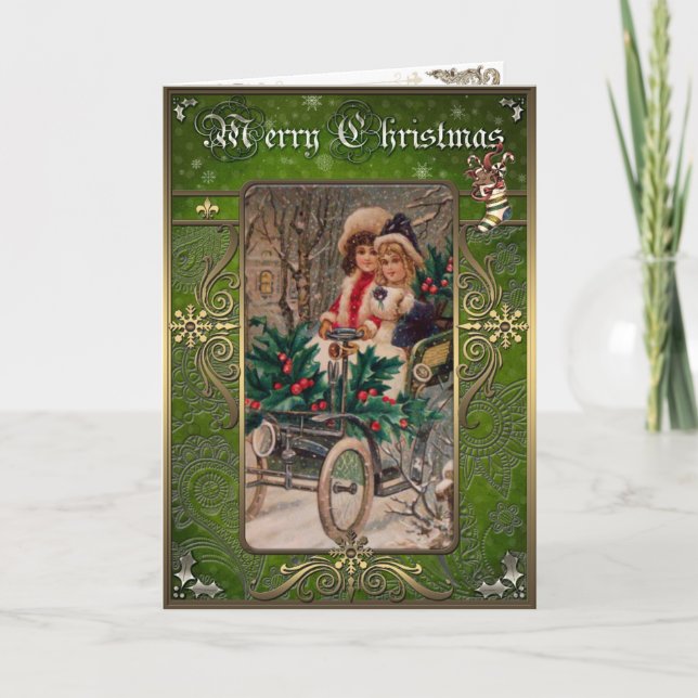 Weihnachten - Zwei Mädchen im Auto im Winter. (Vorderseite)