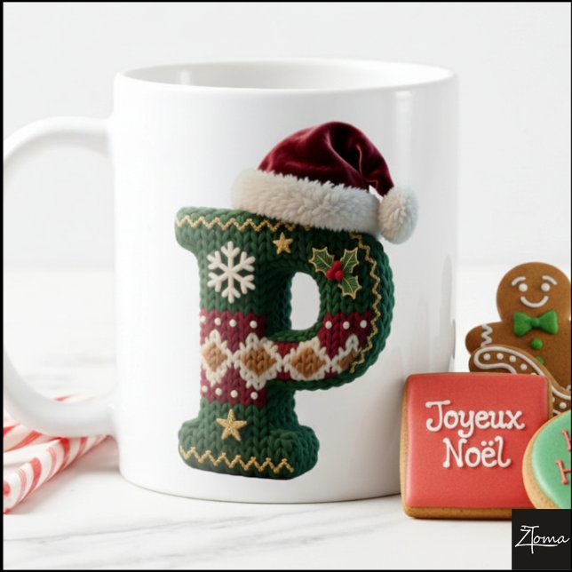 Weihnachtlich gestrickter Pullover Buchstabe P Wei Kaffeetasse (Von Creator hochgeladen)