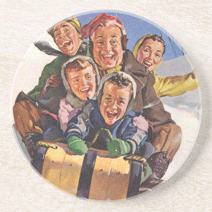 Weihnachtlich-traditionelles Familien-Schlittenfah Sandstein Untersetzer