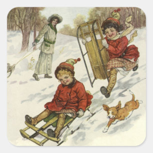 Weihnachtlich viktorianische Kinder beim Schlitten Quadratischer Aufkleber