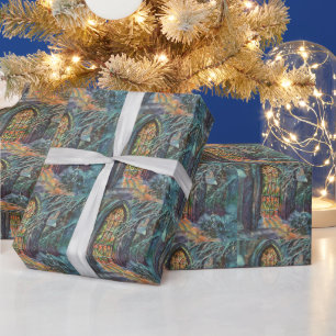 Weihnachtliche alte Kirche mit Bleiglasfenster Geschenkpapier
