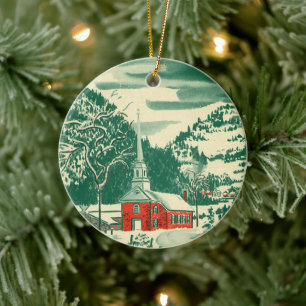 Weihnachtliche alte Kirche, Schneelandschaft im Wi Keramik Ornament