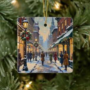 Weihnachtliche Altstadt im Schnee Keramikornament