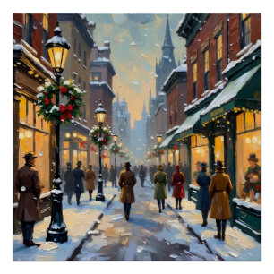Weihnachtliche Altstadtstraßenszene im Schnee Poster
