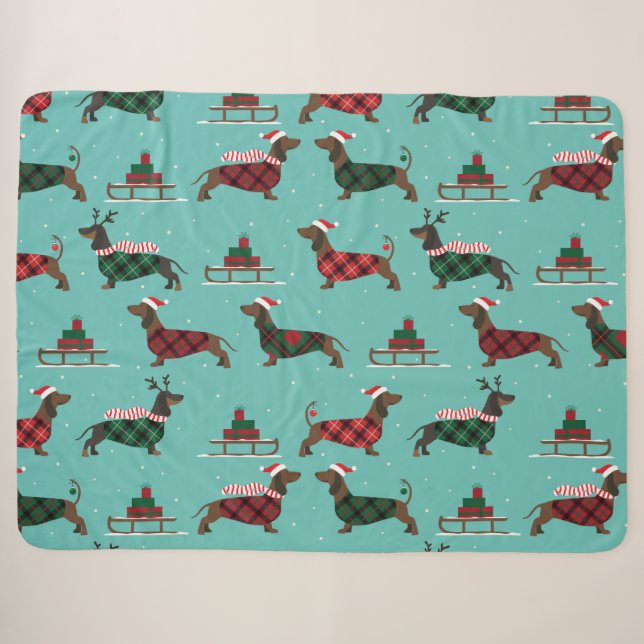 Weihnachtliche Dackeln mit Sweater & Weihnachtsman Sherpadecke (Vorderseite (Horizontal))