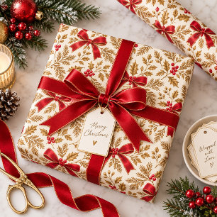 Weihnachtliche Eleganz Rote Satin-Schleifen & Gold Geschenkpapier