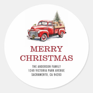 Weihnachtliche Familienadresse mit rotem Lastwagen Runder Aufkleber