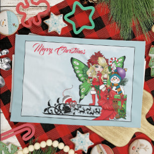 Weihnachtliche Fantasie-Fee Geschenke Blau Geschirrtuch