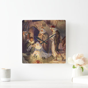 Weihnachtliche Geburt Christi, 3 Hirten und Jesus Quadratische Wanduhr