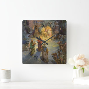 Weihnachtliche Geburt Christi mit besuchenden Weis Quadratische Wanduhr