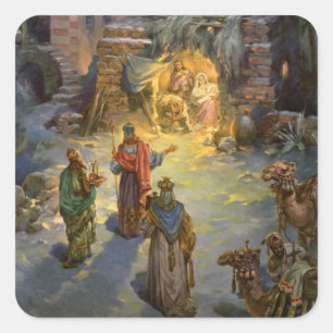 Weihnachtliche Geburt Christi mit den Heiligen Dre Quadratischer Aufkleber