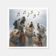 weihnachtliche Hunde beim Singen in Schneeflocken