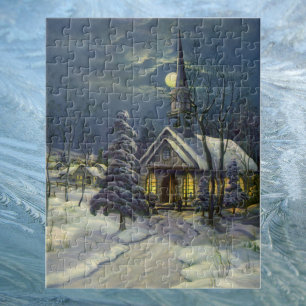 Weihnachtliche Kirche im Schnee mit Mond