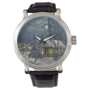 Weihnachtliche Kirche im Schnee mit Mond Armbanduhr