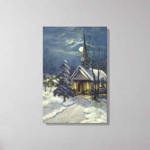 Weihnachtliche Kirche im Schnee mit Mond Leinwanddruck