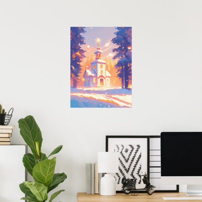 Weihnachtliche Kirchenszene im Schnee Poster (Heimbüro)