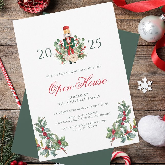 Weihnachtliche Nussknacker Open House Beeren Einladung (Christmas Holiday Nutcracker Open House Red Berries Party Invitation)
