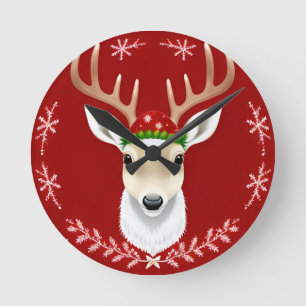 Weihnachtliche Rentier-Illustration mit rotem Hint Runde Wanduhr