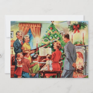 Weihnachtliche Retro-Familie spielt Klavier Feiertagskarte