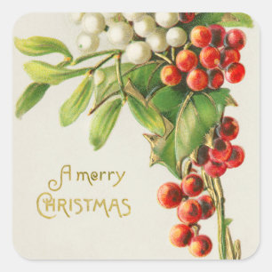 Weihnachtliche rote und weiße Stechpalmenbeeren Quadratischer Aufkleber