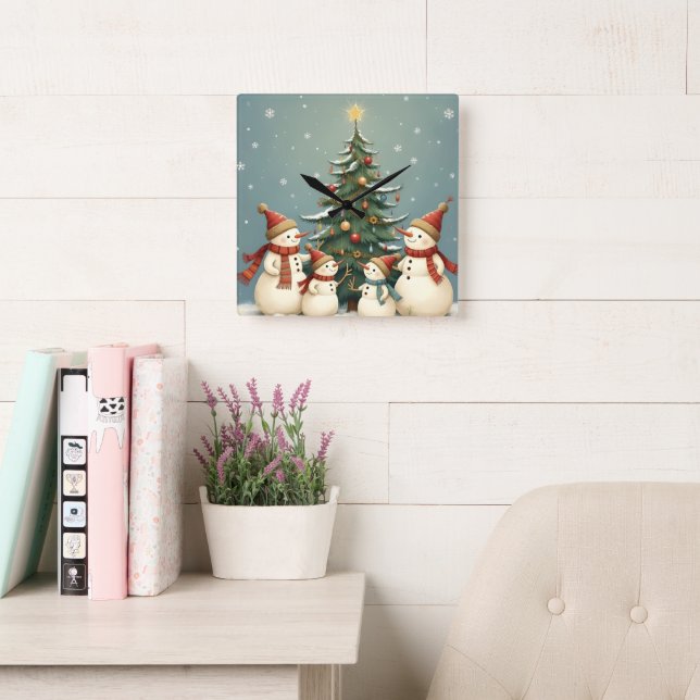Weihnachtliche Schneemann-Familie Weihnachtskollek Quadratische Wanduhr (Lesesaal)