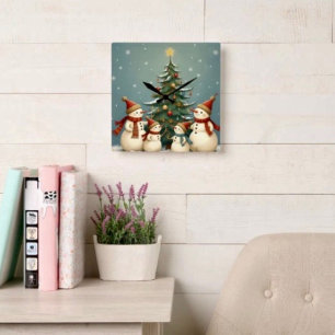 Weihnachtliche Schneemann-Familie Weihnachtskollek Quadratische Wanduhr