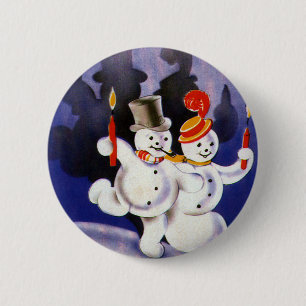 Weihnachtliche tanzende Schneemänner mit Kerzen im Button