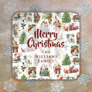 Weihnachtliche Vintage Frohe Weihnachten Familienn Quadratischer Aufkleber