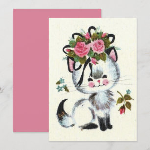 Weihnachtliche Vintage-Katze in Weiß mit rosa flor Feiertagskarte