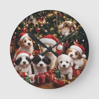  Weihnachtliche Welpen unter dem Weihnachtsbaum Runde Wanduhr