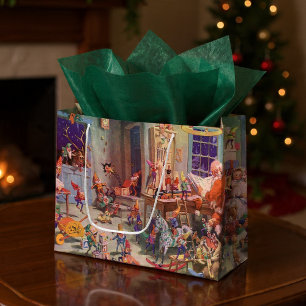 Weihnachtliche Werkstatt von Santa Claus mit Elfen Große Geschenktüte