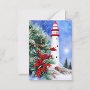 Weihnachtlicher Leuchtturm mit Schnee im Budget-Mi Mitteilungskarte