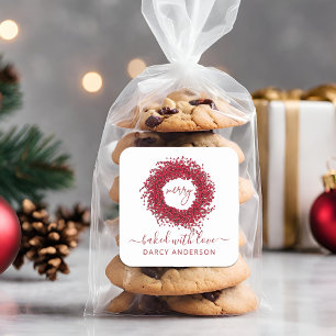 Weihnachtlicher moderner roter Beerenkranz mit Lie Quadratischer Aufkleber