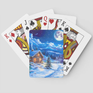 Weihnachtlicher Mondnacht-Holzhütte im Schnee Spielkarten