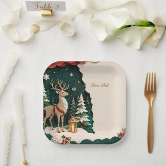 Weihnachtlicher Rentier Wald Rahmen Pappteller