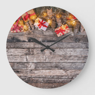 Weihnachtlicher rustikaler Hintergrund, Holzplanke Große Wanduhr