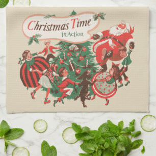 Weihnachtlicher Santa Claus und tanzende Kinder Geschirrtuch