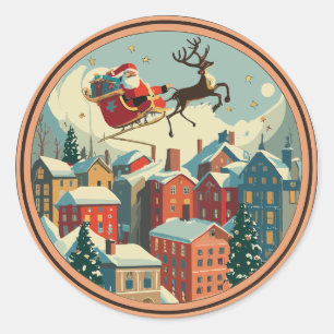 Weihnachtlicher Santa im Schlitten über einer Stad Runder Aufkleber