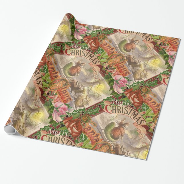Weihnachtlicher Weihnachtsmann fliegt mit Schlitte Geschenkpapier (Ungerollt)