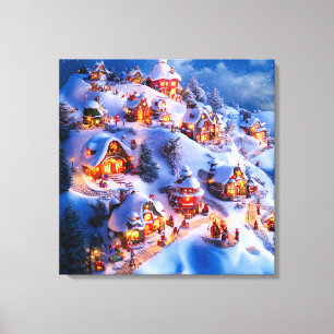 Weihnachtliches Dorf auf schneebedeckten Hügeln Leinwanddruck