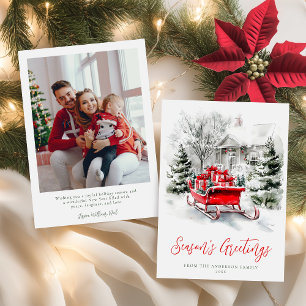 Weihnachtliches gemütliches Schlitten-Familienfoto Feiertagskarte