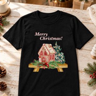 Weihnachtliches Lebkuchenhäuschen-Wasserfarben-Dru T-Shirt