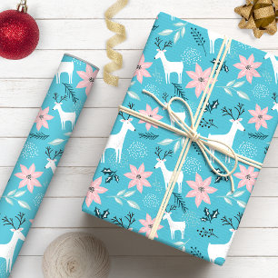 Weihnachtliches Rentier & Poinsettien-Blumen-Weihn Geschenkpapier