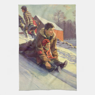 Weihnachtliches Vater-Tochter-Schlittenfahren Geschirrtuch
