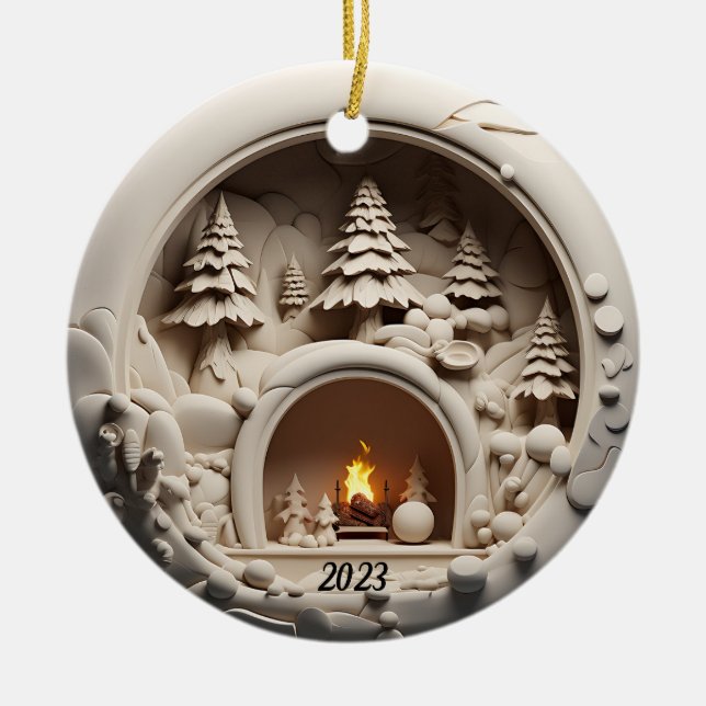 Weihnachts-3D-Fireplace Trees Keramik Ornament (Vorne)
