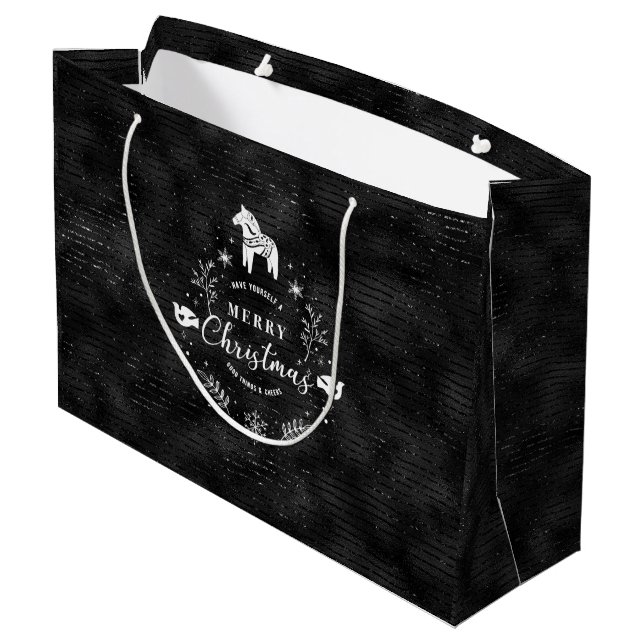 Weihnachts Abzeichen Schwarz & Glitzer Streifen Mu Große Geschenktüte (Rückseite Schrägansicht)