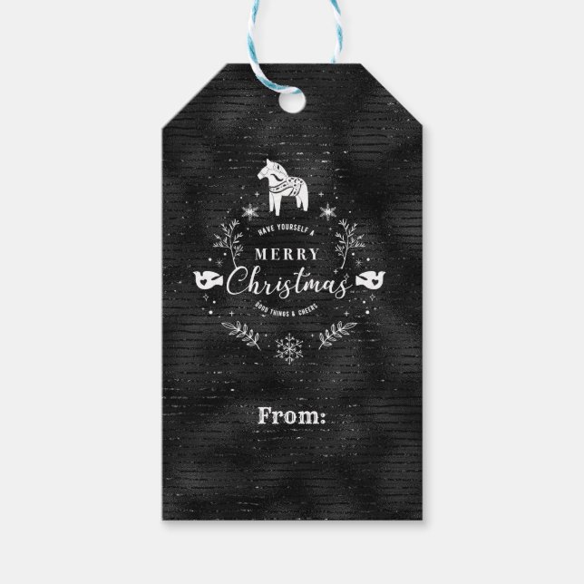 Weihnachts Abzeichen Schwarz und Glitzer Streifen  Geschenkanhänger (Vorderseite)